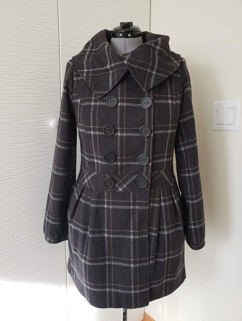 Hydraulic Womens Dark Gray Plaid Double-Breasted Wool Coat. Sz.L
